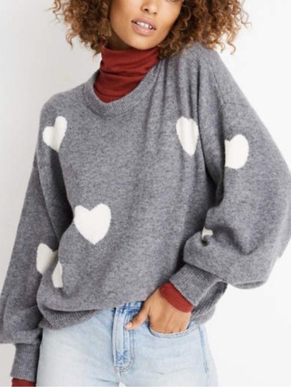 Madewell Heart Dot Balloon-Sleeve Wool Blend Pullover Sweater Gray Size M